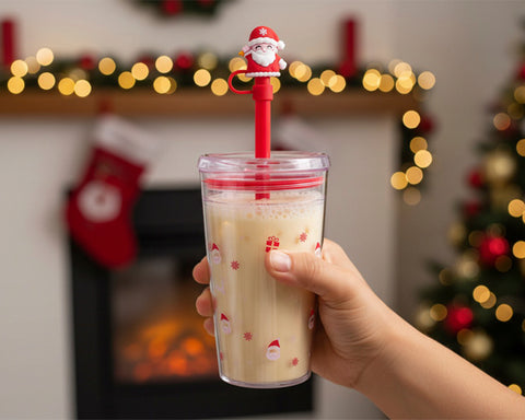 VASO DE PLÁSTICO DE 450 ML CON POPOTE DE SANTA CLAUS NOEL A3191