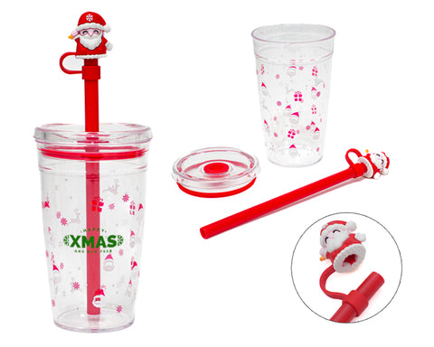 VASO DE PLÁSTICO DE 450 ML CON POPOTE DE SANTA CLAUS NOEL A3191