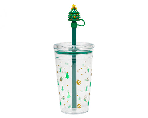 VASO DE PLÁSTICO DE 450 ML CON POPOTE DE ÁRBOL NAVIDEÑO HOLLY A3192