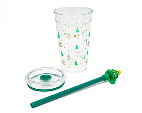 VASO DE PLÁSTICO DE 450 ML CON POPOTE DE ÁRBOL NAVIDEÑO HOLLY A3192