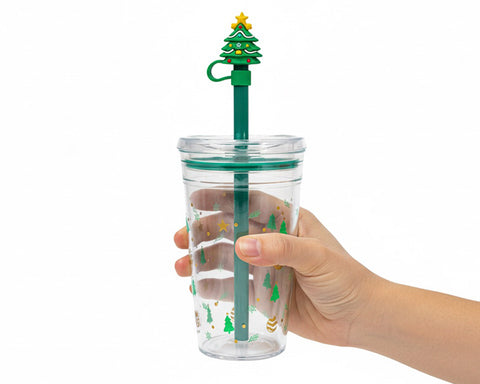 VASO DE PLÁSTICO DE 450 ML CON POPOTE DE ÁRBOL NAVIDEÑO HOLLY A3192