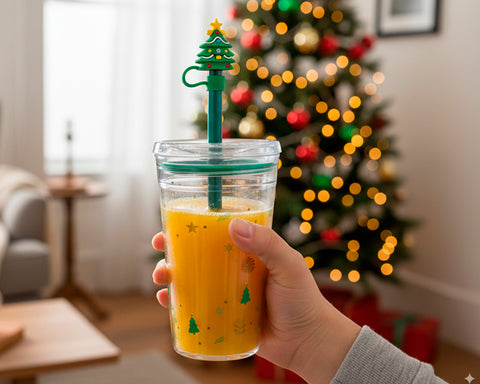 VASO DE PLÁSTICO DE 450 ML CON POPOTE DE ÁRBOL NAVIDEÑO HOLLY A3192