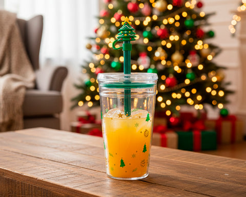 VASO DE PLÁSTICO DE 450 ML CON POPOTE DE ÁRBOL NAVIDEÑO HOLLY A3192