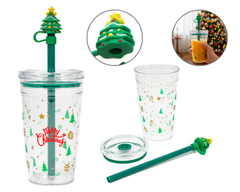 VASO DE PLÁSTICO DE 450 ML CON POPOTE DE ÁRBOL NAVIDEÑO HOLLY A3192