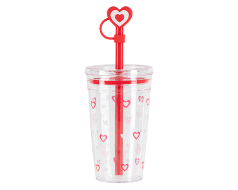 VASO DE PLÁSTICO CON POPOTE DE CORAZÓN DE 450 ML VALENTINE A3204