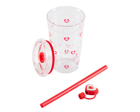 VASO DE PLÁSTICO CON POPOTE DE CORAZÓN DE 450 ML VALENTINE A3204