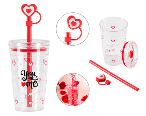 VASO DE PLÁSTICO CON POPOTE DE CORAZÓN DE 450 ML VALENTINE A3204